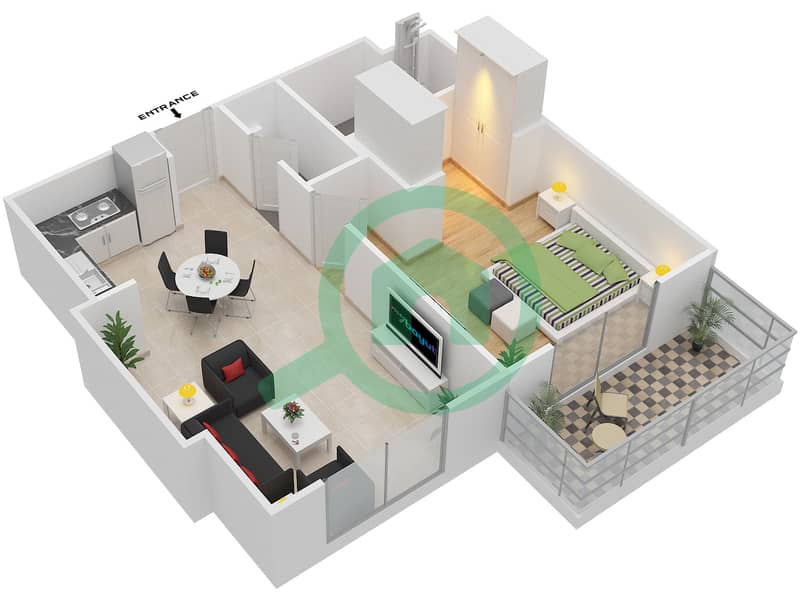 Резиденция Парклейн 4 - Апартамент 1 Спальня планировка Тип E MIDDLE UNIT interactive3D