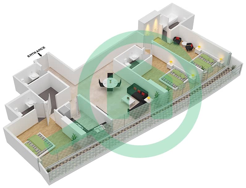 Marina Bay By DAMAC - 3 Bedroom Apartment Unit 1017 FLOOR 10TH Floor plan Floor 10Th interactive3D
