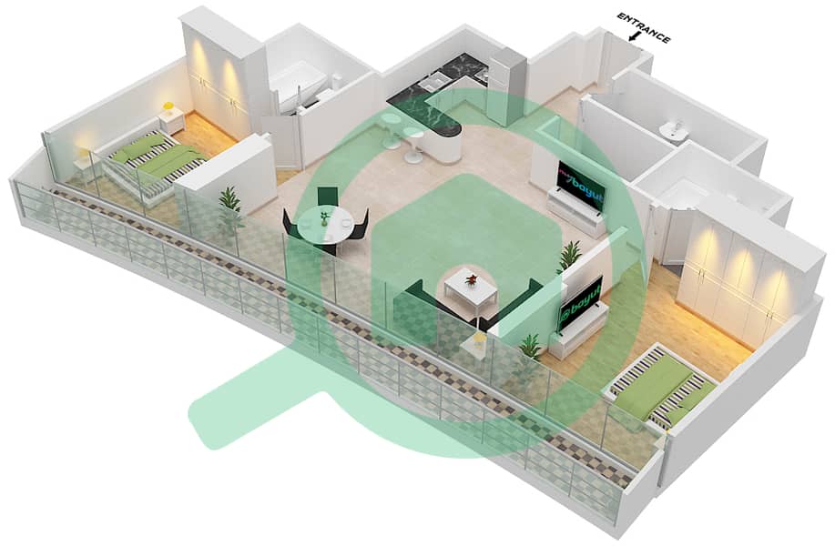 Marina Bay By DAMAC - 2 Bedroom Apartment Unit 1106 FLOOR 11TH Floor plan Floor 11Th image3D