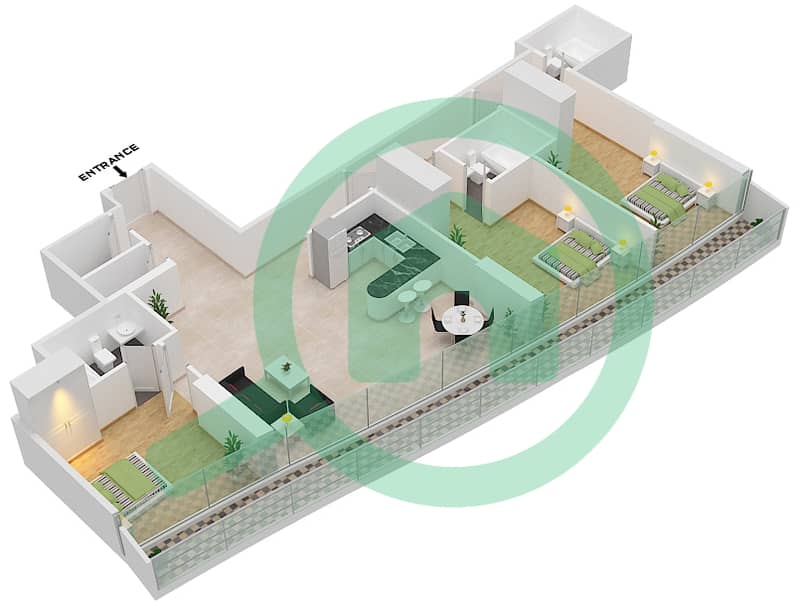المخططات الطابقية لتصميم الوحدة 1117 FLOOR 11TH شقة 3 غرف نوم - مارينا باي من داماك Floor 11Th image3D
