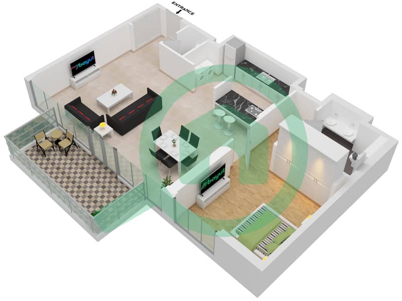 المخططات الطابقية لتصميم النموذج / الوحدة 1-2/4 شقة 1 غرفة نوم - بناية الشقق 4 Floor 3-7 interactive3D