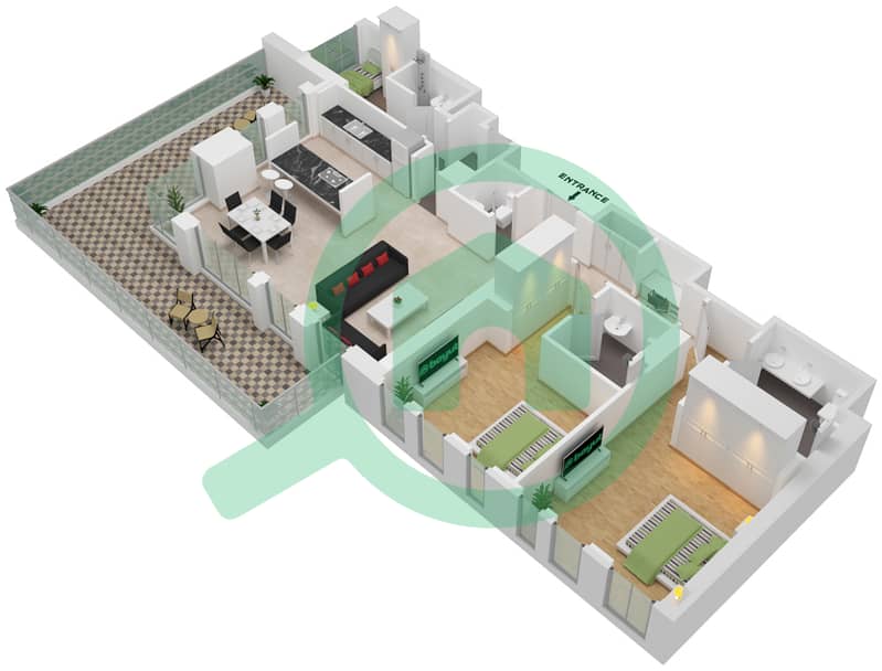 المخططات الطابقية لتصميم النموذج / الوحدة 2-2/5 شقة 2 غرفة نوم - بناية الشقق 4 Floor 1 interactive3D
