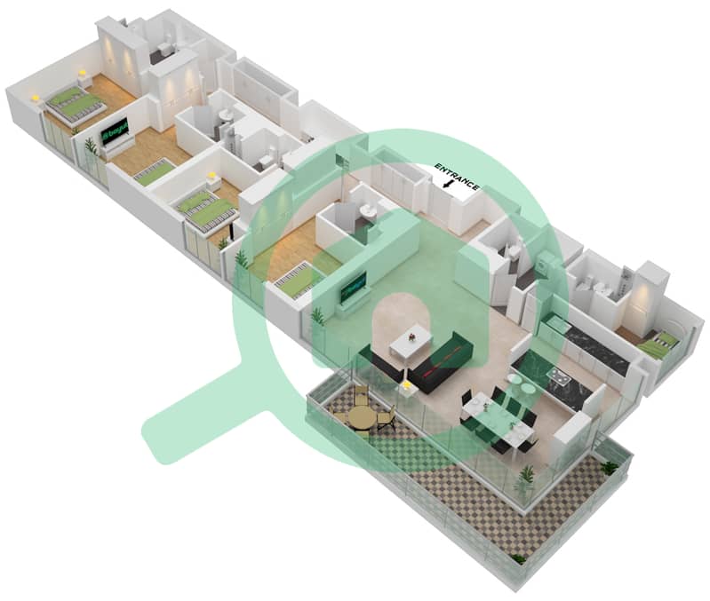 المخططات الطابقية لتصميم النموذج / الوحدة 1-2/6 شقة 4 غرف نوم - بناية الشقق 4 Floor 2-7 interactive3D