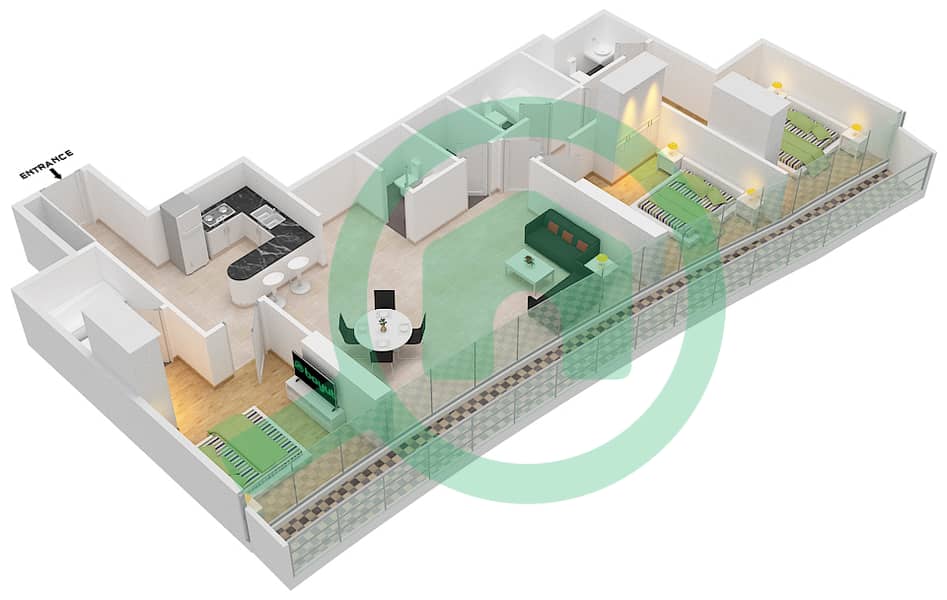 المخططات الطابقية لتصميم الوحدة 1209 FLOOR 12TH شقة 3 غرف نوم - مارينا باي من داماك Floor 12Th image3D