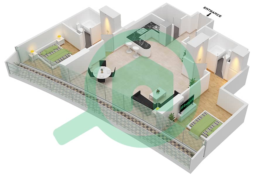 المخططات الطابقية لتصميم الوحدة 12A06 FLOOR 13TH شقة 2 غرفة نوم - مارينا باي من داماك Floor 13Th image3D
