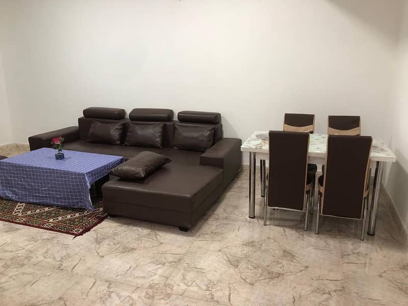 For monthly rent, furnished, two rooms, a hall, a large area, 2 bathrooms, a balcony