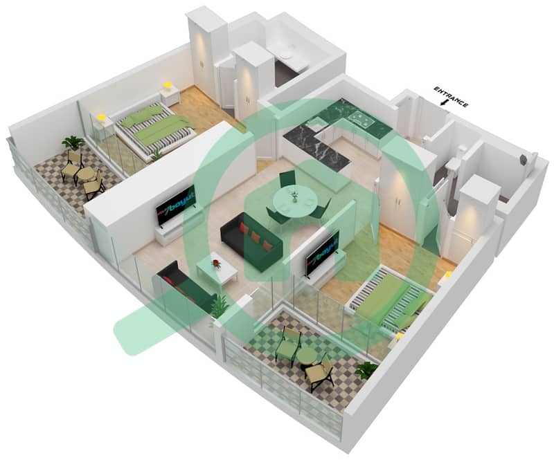 阿尔萨法2区 - 2 卧室公寓类型1 FLOOR 11-25,31-36戶型图 Floor 11-25,31-36 interactive3D