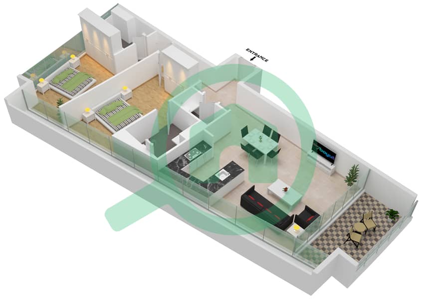 Al Safa 2 - 2 Bedroom Apartment Type 3 FLOOR 16-17 Floor plan Floor 16-17 interactive3D