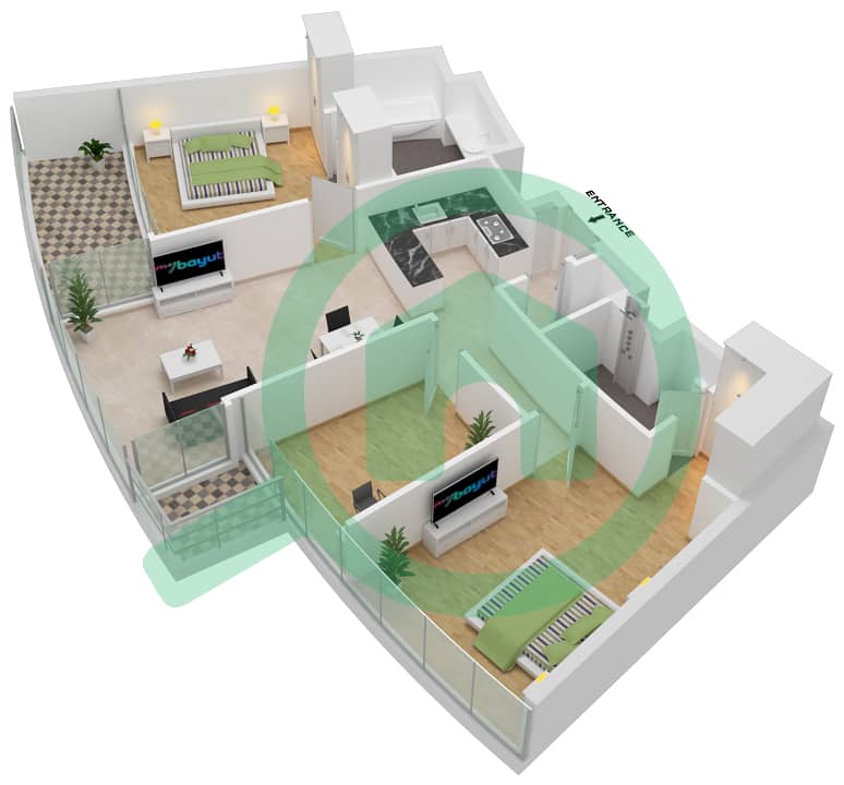 Al Safa 2 - 2 Bedroom Apartment Type 7 FLOOR 20-36,38-43 Floor plan Floor 20-36,38-43 interactive3D