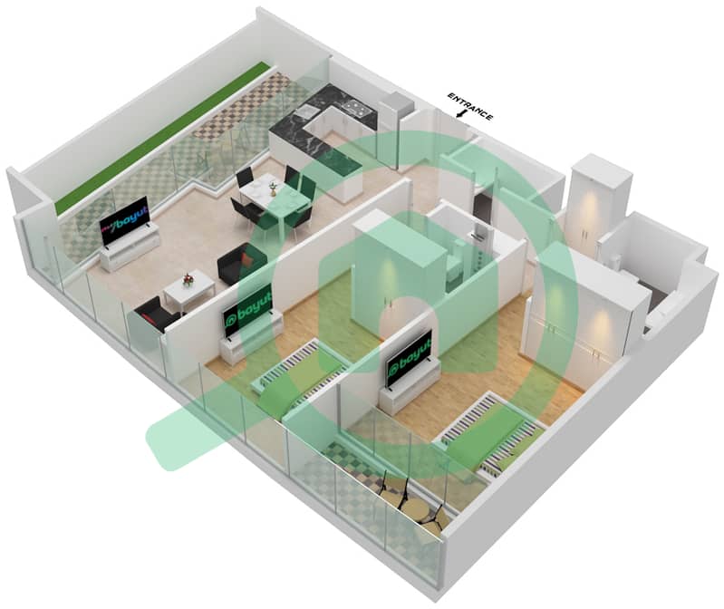 المخططات الطابقية لتصميم النموذج 9 FLOOR 49-58 شقة 2 غرفة نوم - الصفا 2 Floor 49-58 interactive3D