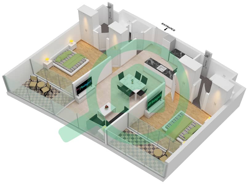 المخططات الطابقية لتصميم النموذج 12 FLOOR 60-61 شقة 2 غرفة نوم - الصفا 2 Floor 60-61 interactive3D