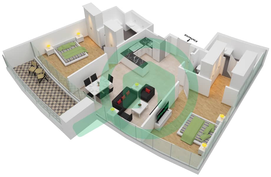المخططات الطابقية لتصميم النموذج 16 FLOOR 44 شقة 2 غرفة نوم - الصفا 2 Floor 44 interactive3D