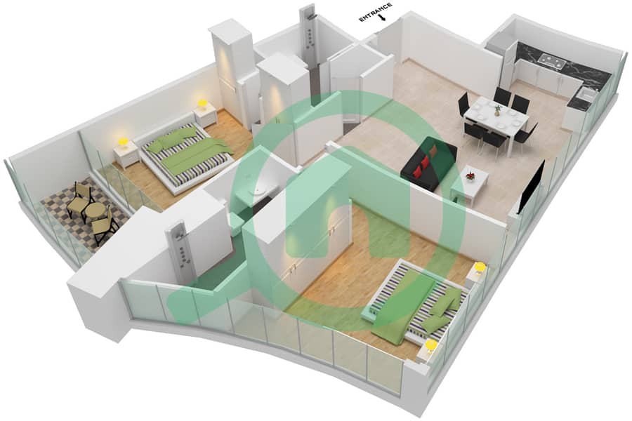 المخططات الطابقية لتصميم النموذج 15 FLOOR 71 شقة 2 غرفة نوم - الصفا 2 Floor 71 interactive3D