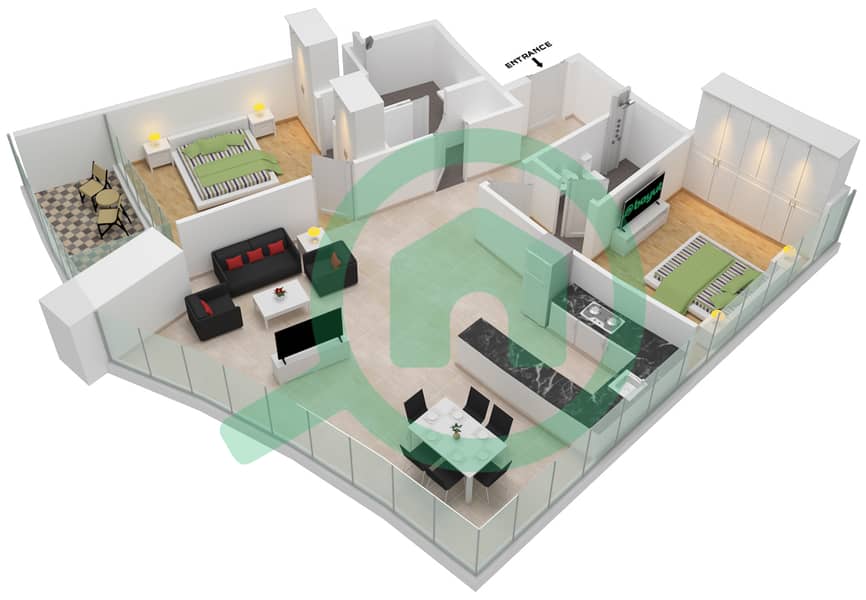 المخططات الطابقية لتصميم النموذج 18 FLOOR 72 شقة 2 غرفة نوم - الصفا 2 Floor 72 interactive3D