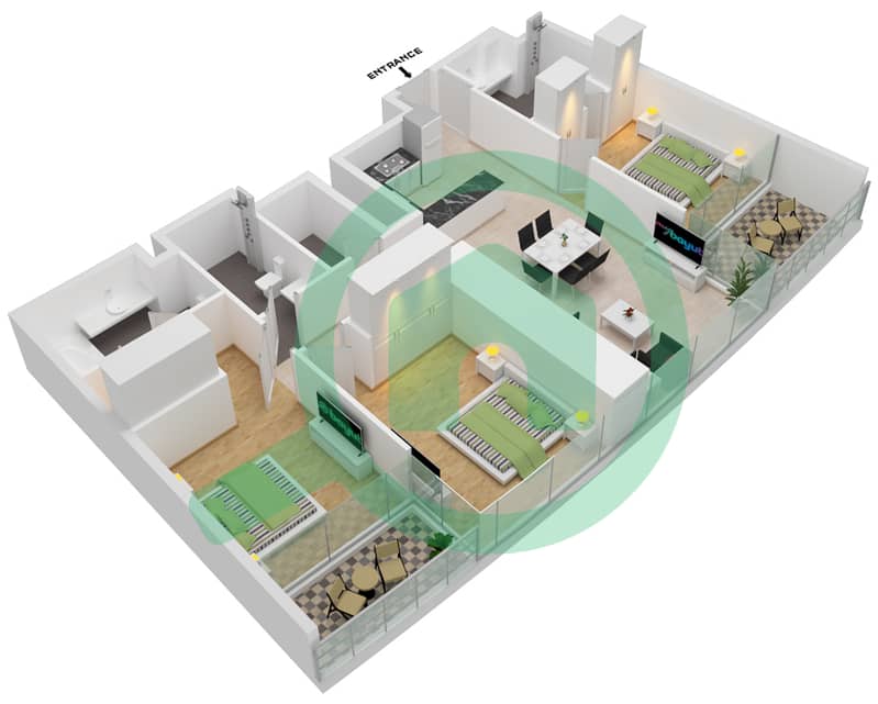Аль Сафа 2 - Апартамент 3 Cпальни планировка Тип 4 FLOOR 26-30,60-72 Floor 26-30,60-72 interactive3D