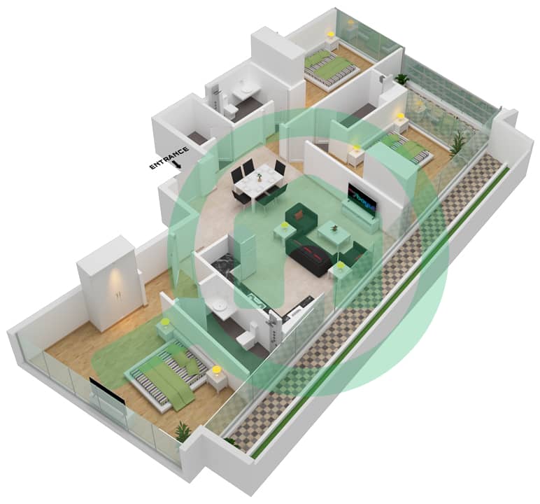 阿尔萨法2区 - 3 卧室公寓类型3 FLOOR 23-25戶型图 Floor 23-25 interactive3D