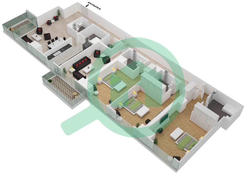 Резиденс JLT - Апартамент 3 Cпальни планировка Единица измерения 3102 Floor 31 interactive3D