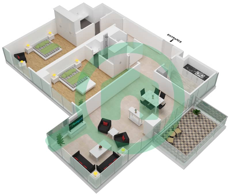 Резиденс JLT - Апартамент 2 Cпальни планировка Единица измерения 2004 Floor 20 interactive3D