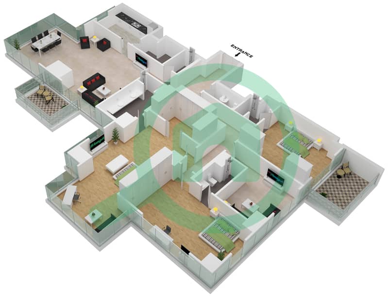 Резиденс JLT - Апартамент 3 Cпальни планировка Единица измерения 2001 Floor 20 interactive3D
