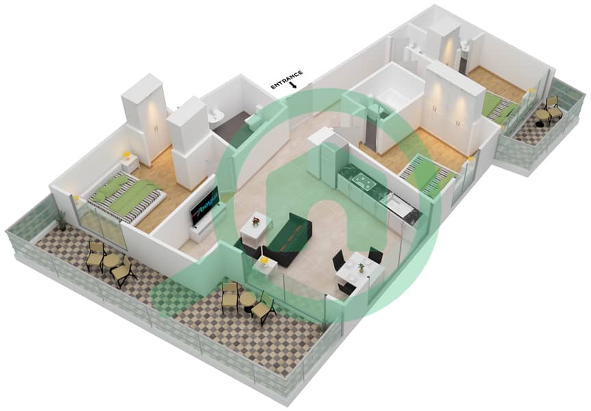 Океан Хейтс - Апартамент 3 Cпальни планировка Тип 7 interactive3D