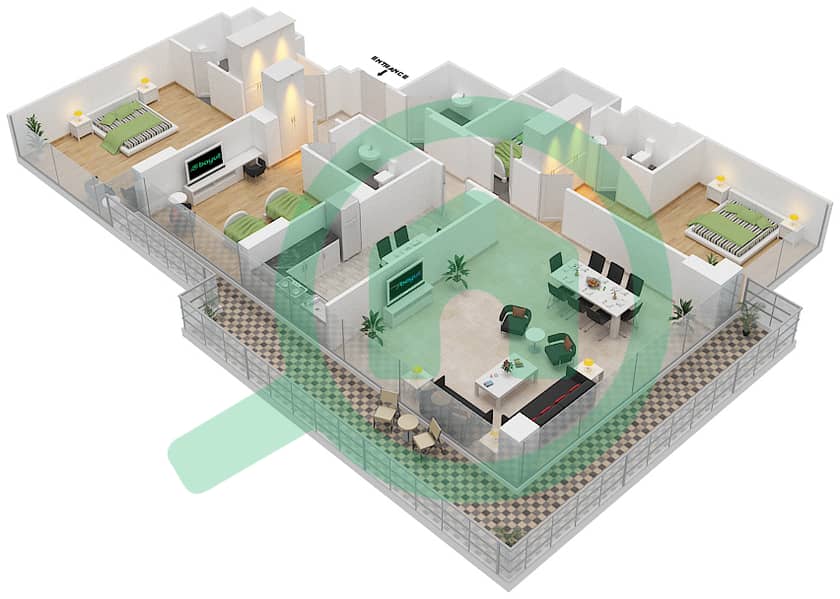 高尔夫长廊公寓2B楼 - 3 卧室公寓单位10-FLOOR 9-11戶型图 Floor 9-11 interactive3D