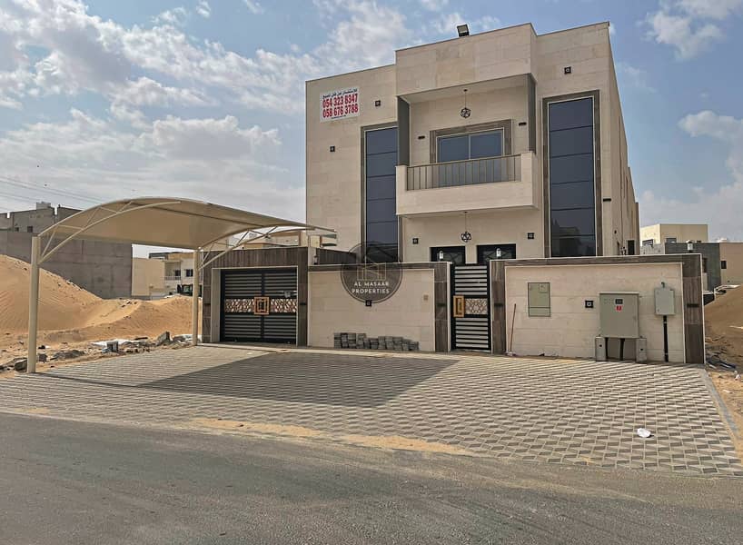 Villa for rent in Ajman, Jasmine, two floors, first inhabitant, super lux. The villa has spacious spaces and rooms