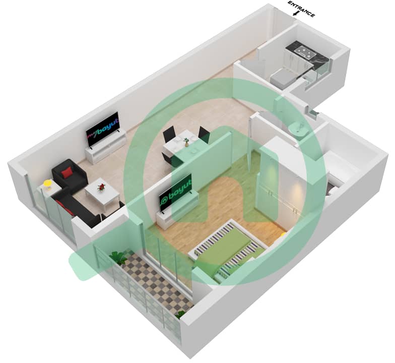 المخططات الطابقية لتصميم النموذج A شقة 1 غرفة نوم - مساكن كريستال interactive3D