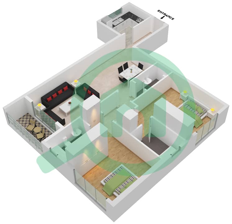 المخططات الطابقية لتصميم النموذج D شقة 2 غرفة نوم - مساكن كريستال interactive3D
