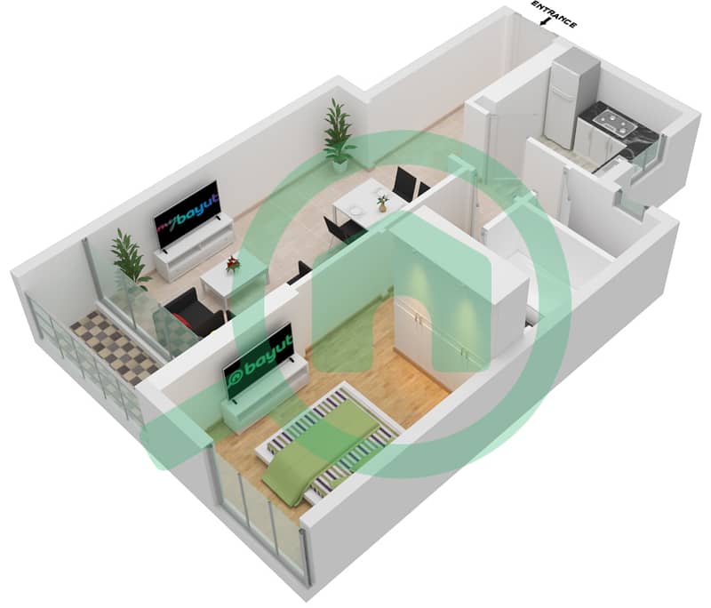 المخططات الطابقية لتصميم النموذج 1-15 شقة 1 غرفة نوم - برج عدن interactive3D