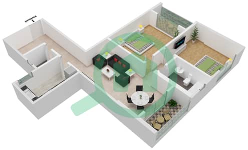 المخططات الطابقية لتصميم النموذج D شقة 2 غرفة نوم - لؤلؤة الإمارات