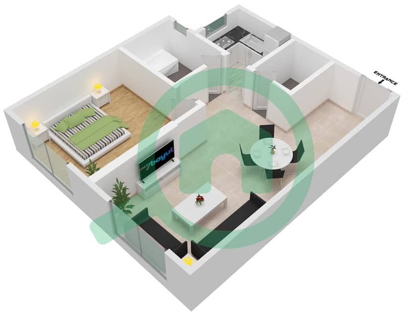 المخططات الطابقية لتصميم النموذج B شقة 1 غرفة نوم - لؤلؤة الإمارات interactive3D