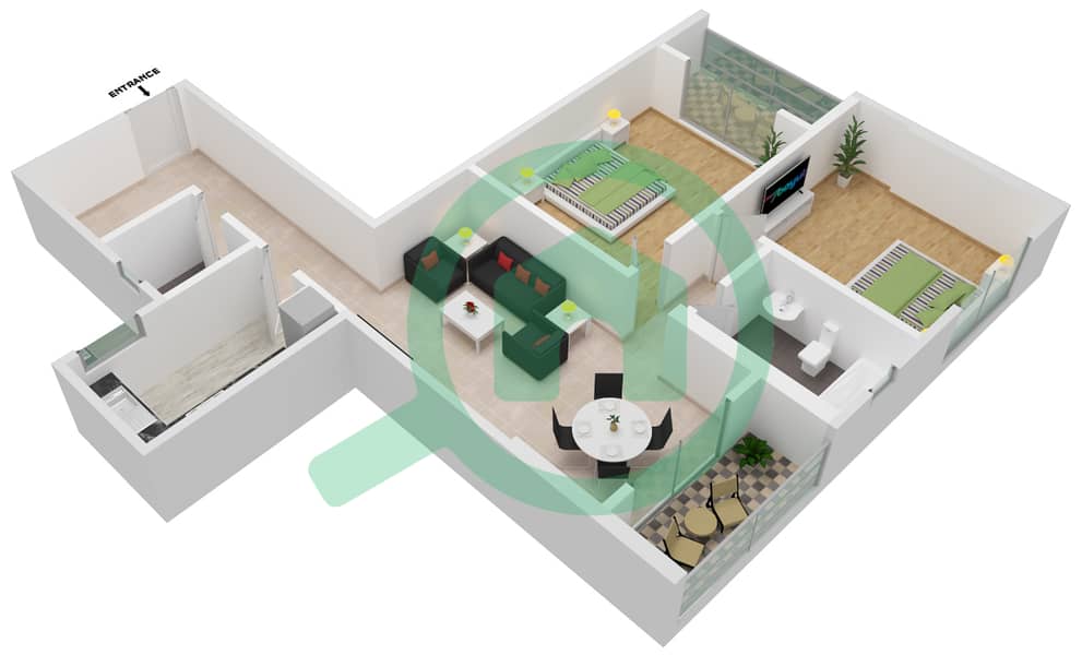 المخططات الطابقية لتصميم النموذج D شقة 2 غرفة نوم - لؤلؤة الإمارات interactive3D