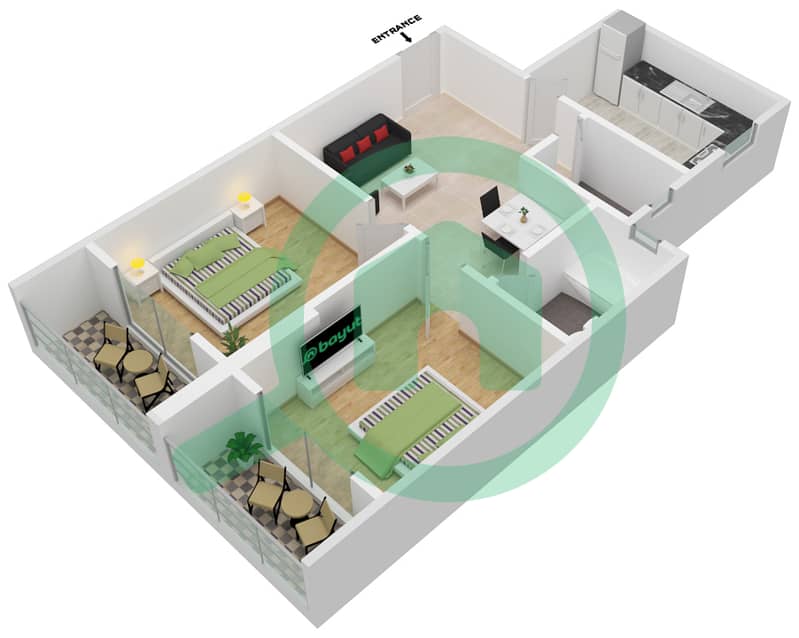 المخططات الطابقية لتصميم النموذج C شقة 2 غرفة نوم - لؤلؤة الإمارات interactive3D