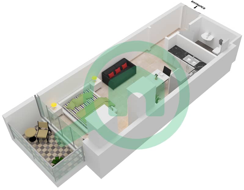 水晶公寓 - 单身公寓类型／单位1/2戶型图 interactive3D