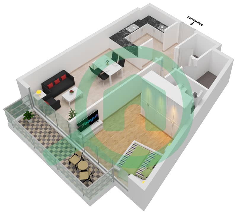 المخططات الطابقية لتصميم النموذج / الوحدة 2/1 شقة 1 غرفة نوم - ذا كريستال interactive3D