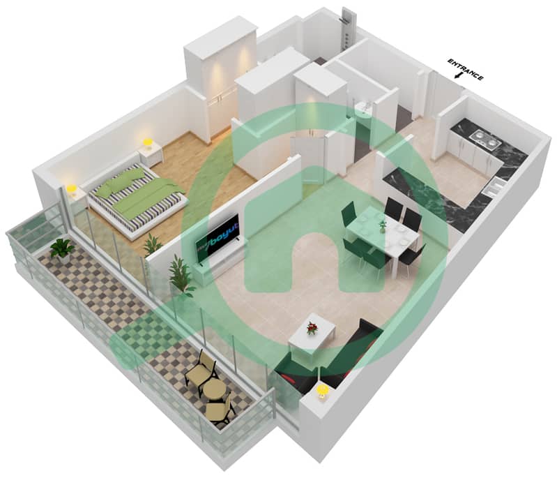 水晶公寓 - 1 卧室公寓类型／单位3/12戶型图 interactive3D
