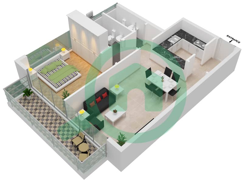 المخططات الطابقية لتصميم النموذج / الوحدة 4/17 شقة 1 غرفة نوم - ذا كريستال interactive3D