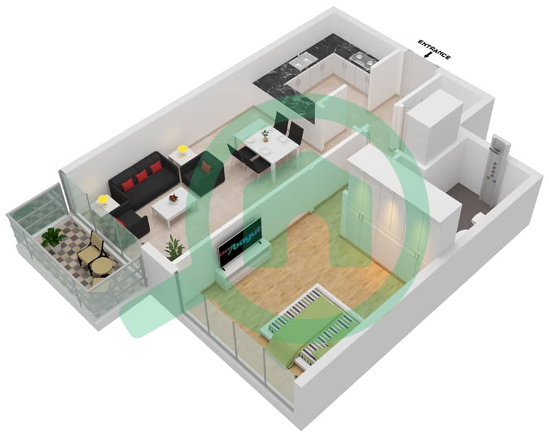 水晶公寓 - 1 卧室公寓类型／单位7/27戶型图 interactive3D