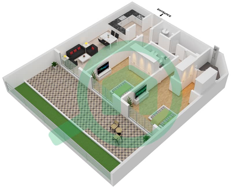 المخططات الطابقية لتصميم النموذج / الوحدة 1/1 شقة 2 غرفة نوم - ذا كريستال interactive3D