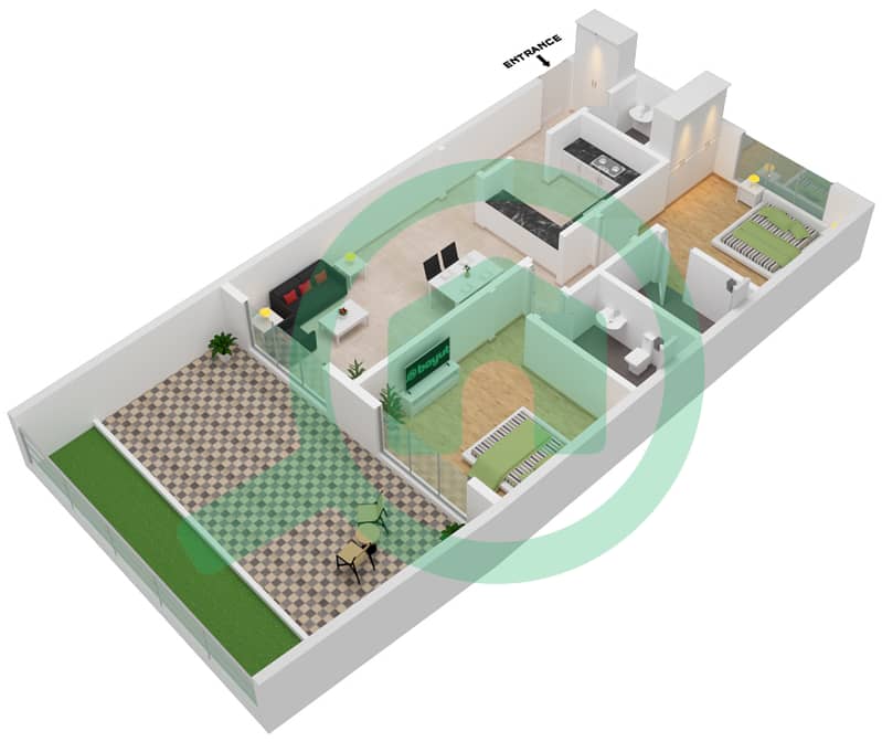 المخططات الطابقية لتصميم النموذج / الوحدة 3/17 شقة 2 غرفة نوم - ذا كريستال interactive3D