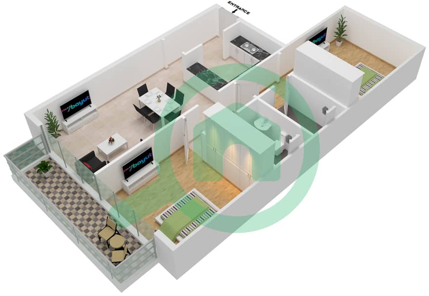 水晶公寓 - 2 卧室公寓类型／单位4/18戶型图 interactive3D