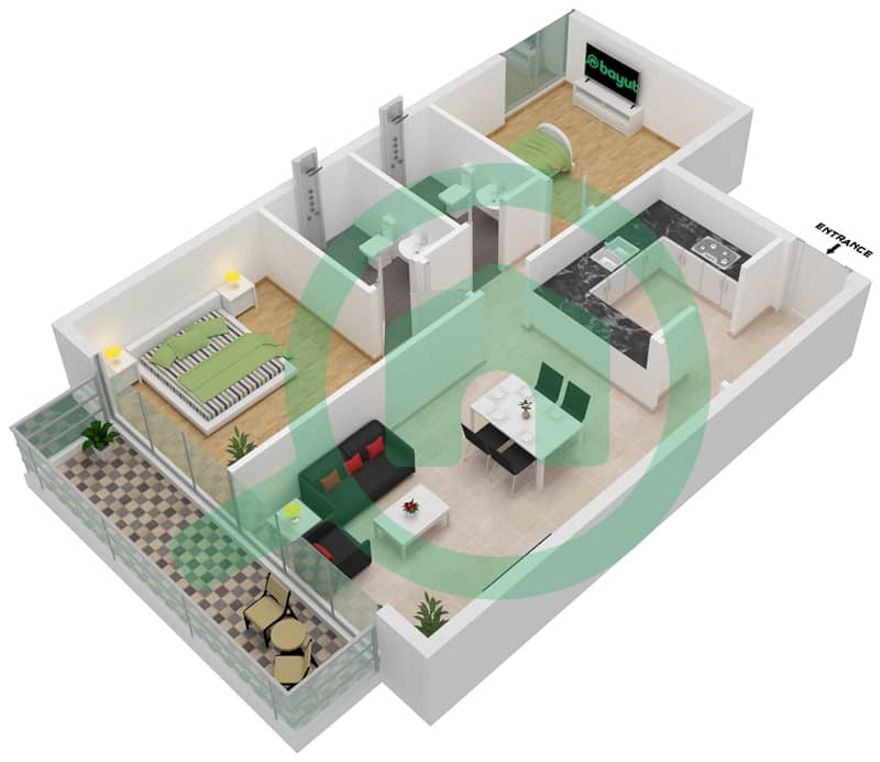 水晶公寓 - 2 卧室公寓类型／单位5/34戶型图 interactive3D
