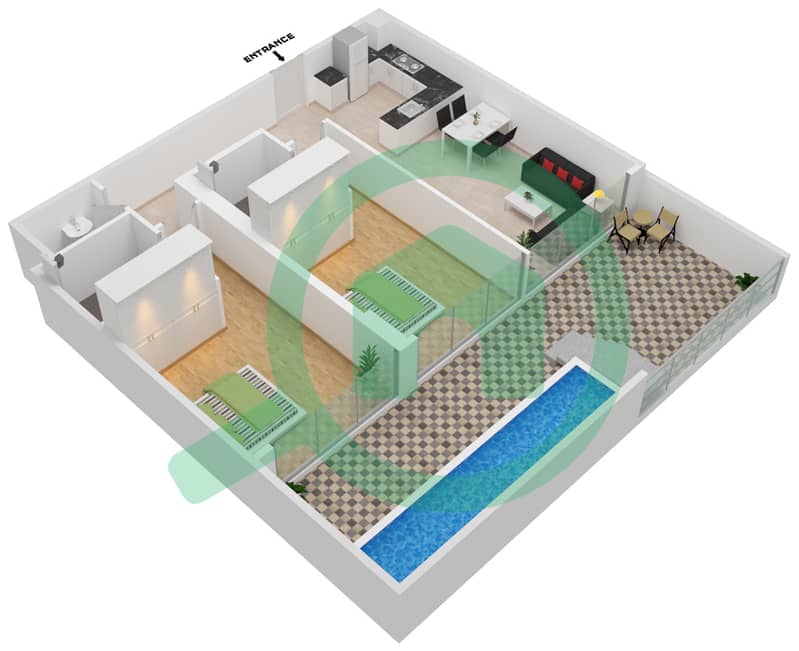 المخططات الطابقية لتصميم الوحدة 103 FLOOR 1 شقة 2 غرفة نوم - سمانا بارك فيوز Floor 1 interactive3D