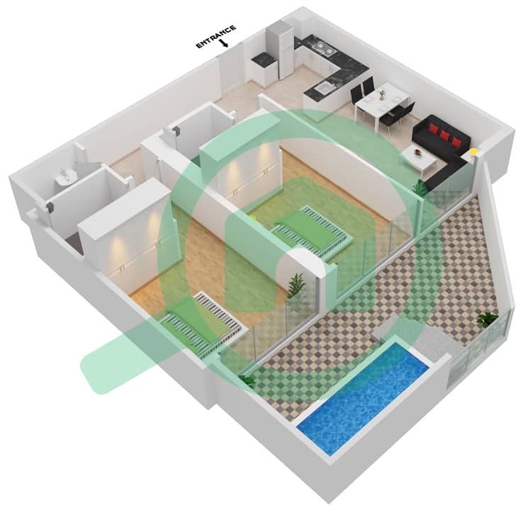 萨马纳公园景观公寓 - 2 卧室公寓单位104 FLOOR 1戶型图 Floor 1 interactive3D