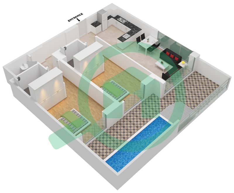 المخططات الطابقية لتصميم الوحدة 106 FLOOR 1 شقة 2 غرفة نوم - سمانا بارك فيوز Floor 1 interactive3D