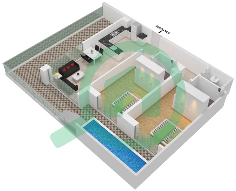 المخططات الطابقية لتصميم الوحدة 107 FLOOR 1 شقة 2 غرفة نوم - سمانا بارك فيوز Floor 1 interactive3D