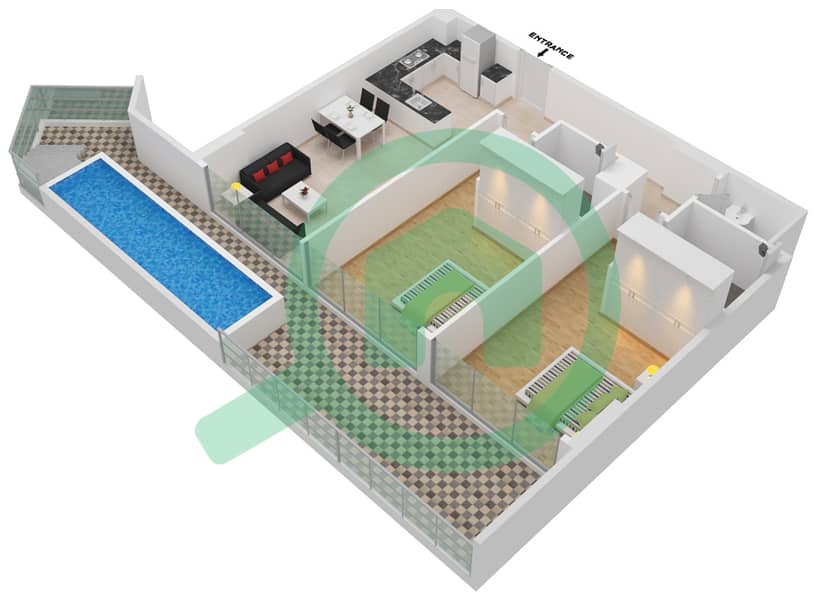 المخططات الطابقية لتصميم الوحدة 109 FLOOR 1 شقة 2 غرفة نوم - سمانا بارك فيوز Floor 1 interactive3D