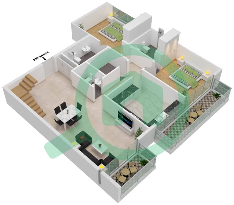 水晶公寓 - 3 卧室公寓类型／单位1/11戶型图 interactive3D