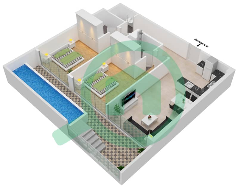 المخططات الطابقية لتصميم الوحدة 111 FLOOR 1 شقة 2 غرفة نوم - سمانا بارك فيوز interactive3D