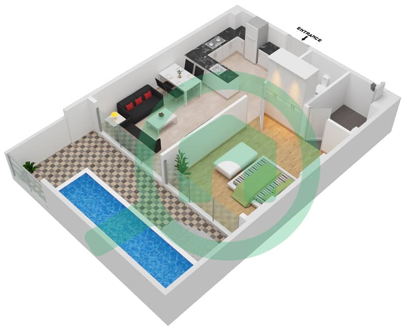 萨马纳公园景观公寓 - 1 卧室公寓单位112 FLOOR 1戶型图 Floor 1 interactive3D